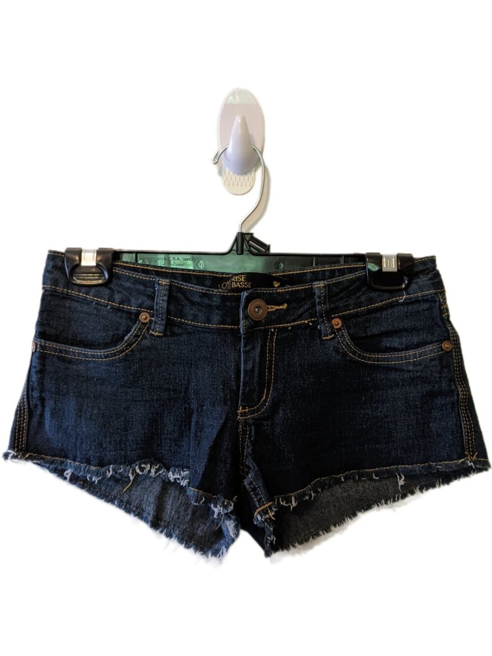 Womens Dark Blue Low Rise Cutoff Denim Shorts Raw Hem Mini Shorts McBling Sz 3
